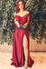 Simple Burgundy Off the Shoulder Slit-side  Long Cheap Prom Dresses, TYP1793