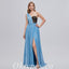 Sexy Blue Special Fabric One Shoulder A-line Side Slit Long Prom Dresses With Beading,PDS0470
