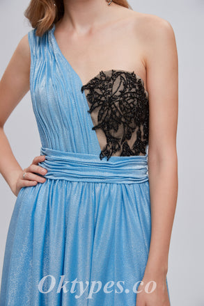 Sexy Blue Special Fabric One Shoulder A-line Side Slit Long Prom Dresses With Beading,PDS0470