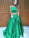 Two Piece Square Long Cheap Green Satin Prom Dresses with Pockets, TYP1824