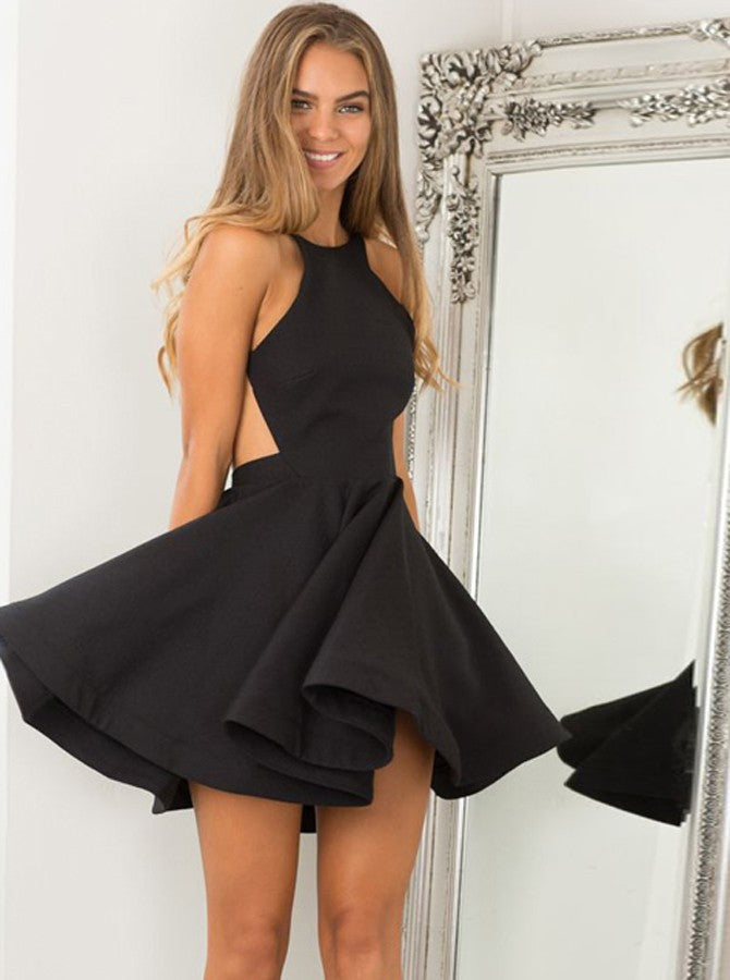 A-Line Jewel Sleeveless Backless Short Black Short Satin Homecoming Dresses, TYP1021
