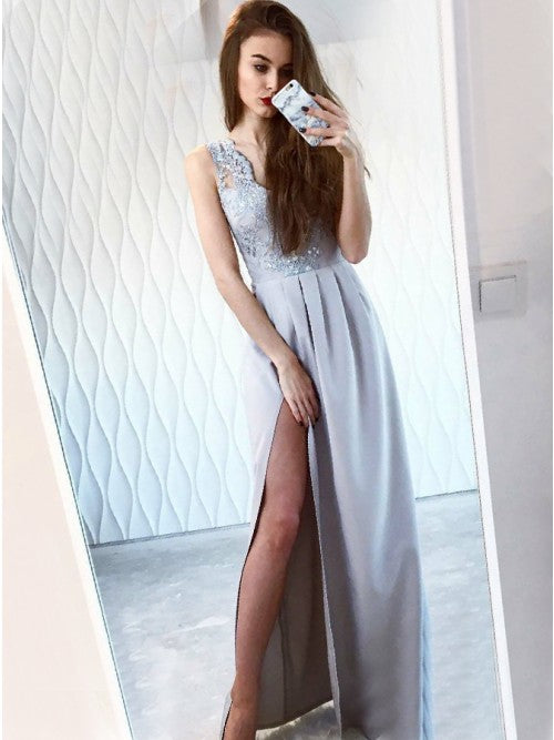 Sexy V-neck Side Slit Grey Satin Prom Evening Dresses with Appliques&Beading, TYP1491
