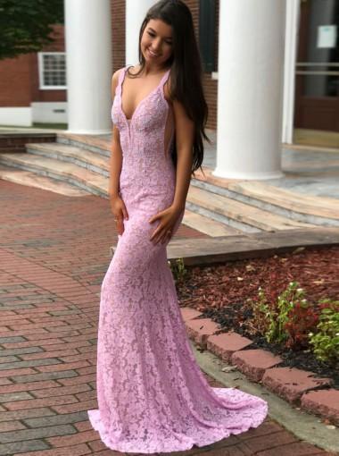 Light Pink Prom Dresses, Long Lace Mermaid Prom Dresses, Halter Prom Dresses, Open-back Prom Dresses, TYP0079