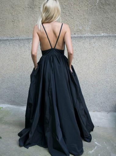 Black Lace Floor Length Open Back Prom Dresses, Sexy V-neck Prom Dresses, TYP0746