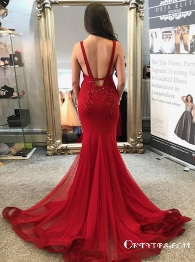 Gorgeous Mermaid V Neck Straps Dark Red Lace Long Prom Dresses, TYP1726