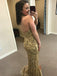 Sheath V-Neck Long Cheap Gold Lace Prom Dresses with Sequined, TYP1342