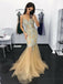 Mermaid Illusion Neck Champagne Tulle Prom Dresses with Appliques Sequins, TYP1385