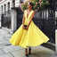 A-Line Deep V-Neck Sleeveless Ankle-Length Yellow Lace Prom Dresses, TYP1277