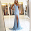 Mermaid V-Neck Split Front Light Blue Stretch Satin Prom Dresses Online, TYP1254