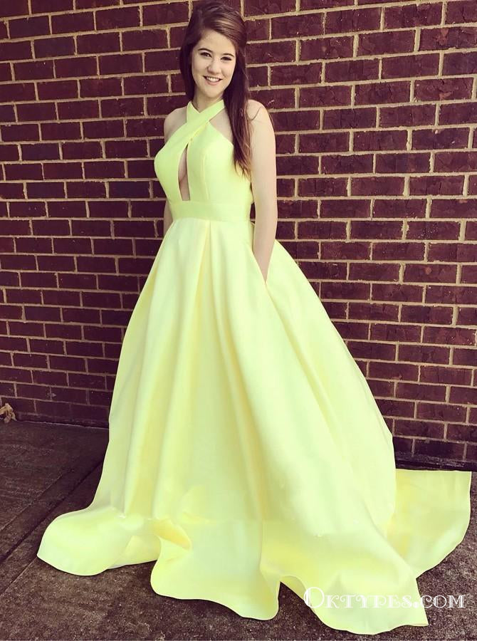 Elegant Yellow Halter Long Cheap Satin Prom Dresses, TYP1797