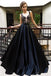 A-Line Long Cheap Navy Blue Satin Sleeveless Prom Dresses with Appliques, TYP1360