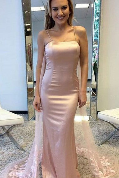 Mermaid Spaghetti Straps Long Cheap Blush Pink Prom Dresses with Appliques Beading, TYP1349
