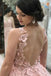 A-Line Deep V-Neck Long Cheap Pink Tulle Open Back Prom Dresses with Appliques, TYP1355