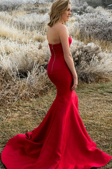 Mermaid Strapless Long Cheap Red Satin Sleeveless Split Pleats Prom Dresses, TYP1354