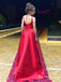 A-Line Round Neck Long Cheap Red Satin Prom Dresses, TYP1388