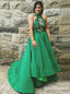 Charming Ball Gown Halter Backless Green Satin and Lace Long Prom Dresses, TYP1737