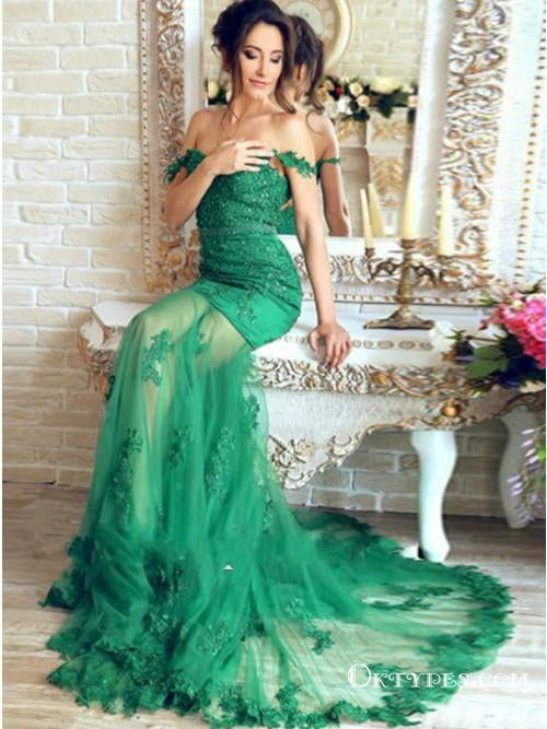 Green Off the Shoulder Mermaid Long Cheap Prom Dresses With Beaded, TYP1786