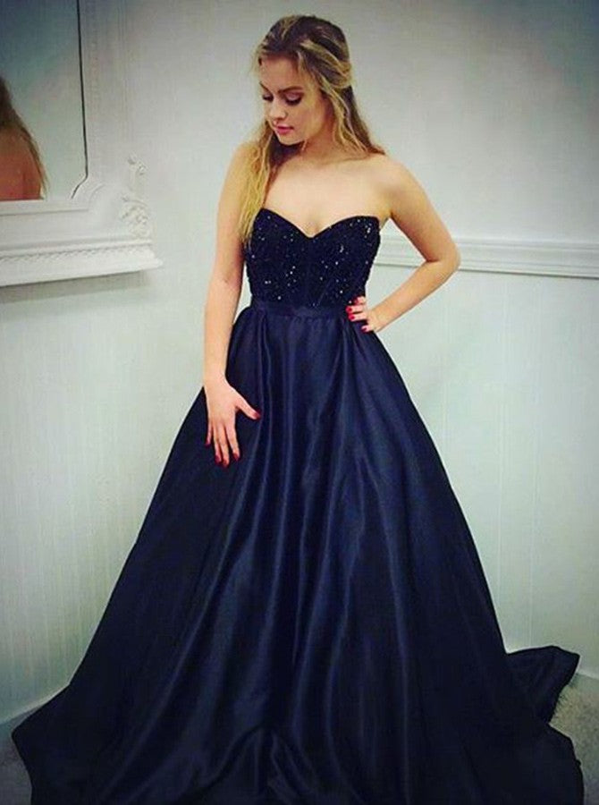 A-Line Sweetheart Navy Blue Satin Prom Dresses with Beading, TYP1387