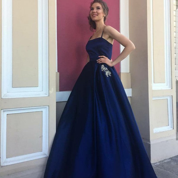 A-Line Spaghetti Straps Royal Blue Satin Prom Dresses with Beading&Pockets, TYP1267
