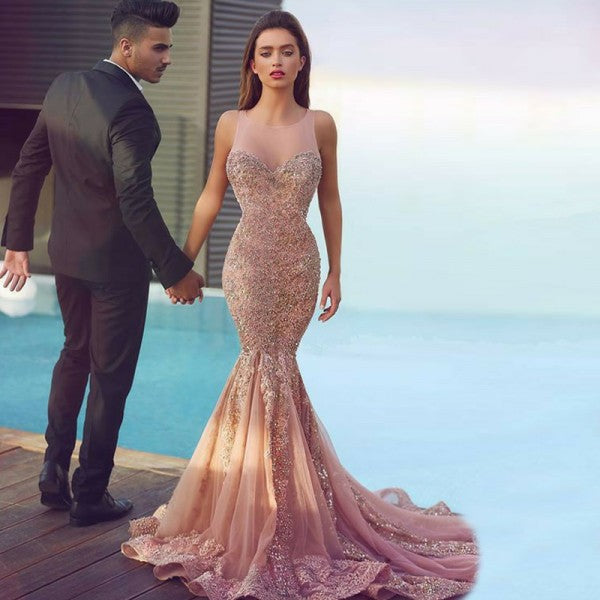 Mermaid Round Neck Illusion Back Blush Tulle Prom Dresses with Appliques&Beading, TYP1253
