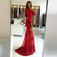 Mermaid Round Neck Open Back Sweep Train Red Tulle Prom Dresses with Pearls&Lace, TYP1257