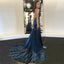 A-Line Halter Backless Court Train Dark Blue Satin Prom Dresses with Beading, TYP1272