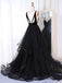 A-Line V-Neck Sweep Train Pleated Tiered Black Tulle Prom Dresses, TYP1397