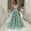 Spaghetti Straps A-Line Long Cheap Mint Prom Dresses with Flowers, TYP1829
