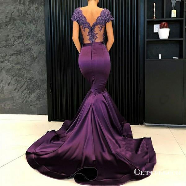 Mermaid V-Neck Cap Sleeves Purple Long Prom Dresses with Lace, TYP1639