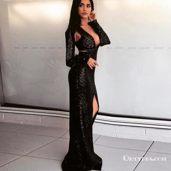 Sparkly Mermaid Deep V-Neck Long Sleeves Black Sequin Long Prom Dresses, TYP1627