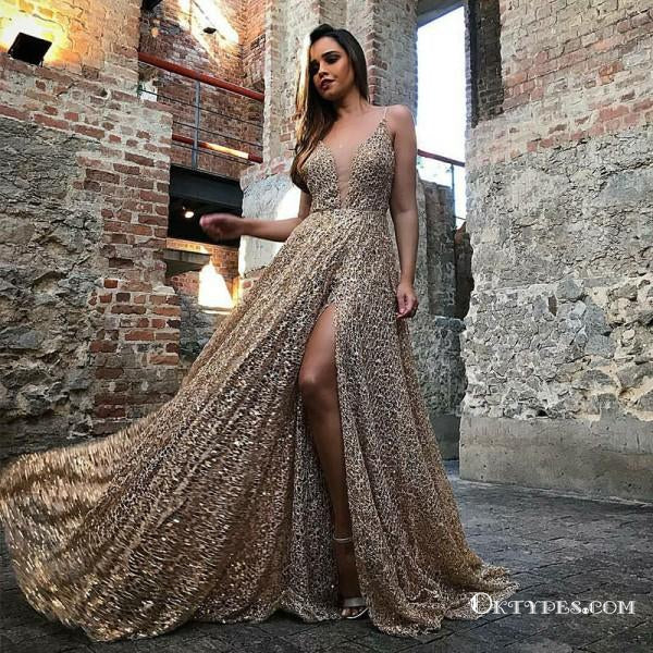 A-Line Spaghetti Straps Sleeveless Champagne Lace Long Prom Dresses, TYP1664