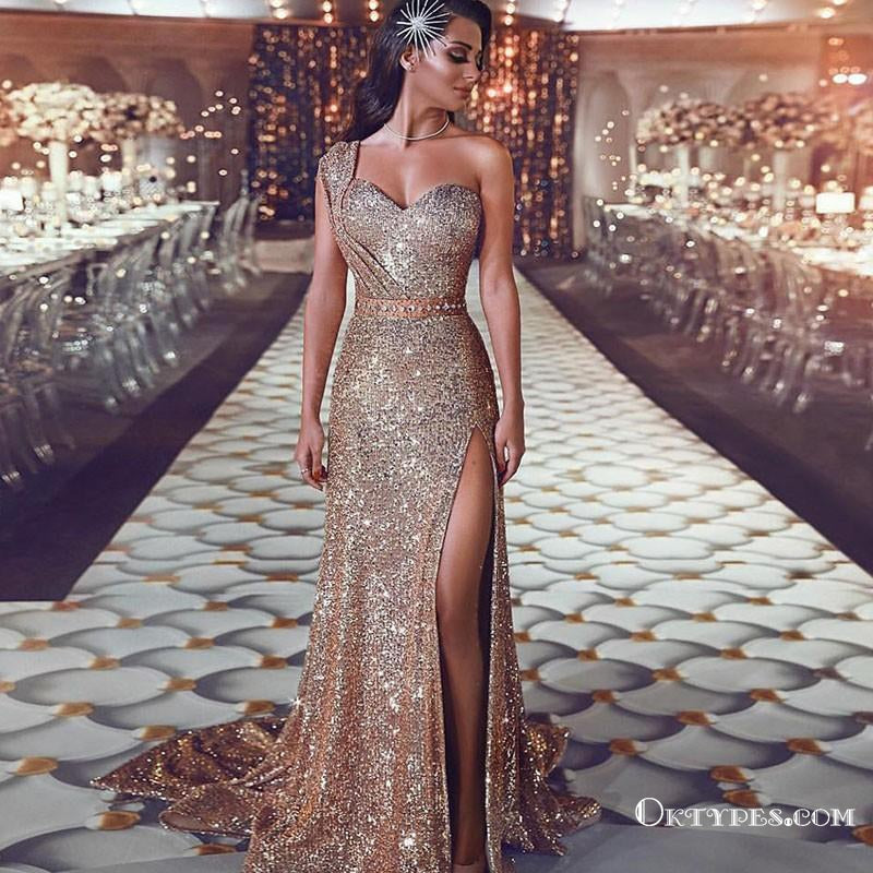 Sheath One-Shoulder Long Cheap Gold Sequined Prom Dresses with Split, Oktypes Sheath One-Shoulder Long Cheap Gold Sequined Prom Dresses with Split, Oktypes