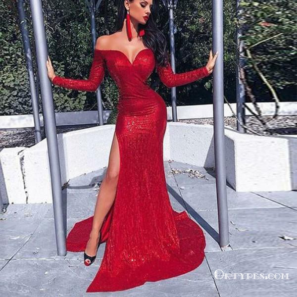 Mermaid Off the Shoulder Red Sequin Long Prom Dresses with Sleeves, TYP1635