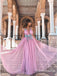 Charming A-Line Spaghetti Straps Pink Tulle Prom Dresses with Appliques, TYP1682