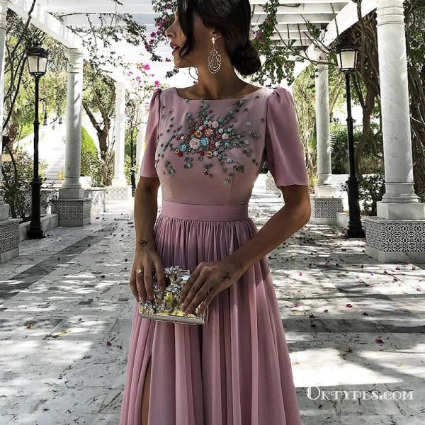 A-Line Bateau Short Sleeves Dusty Pink Long Prom Dresses with Beading& Oktypes A-Line Bateau Short Sleeves Dusty Pink Long Prom Dresses with Beading& Oktypes