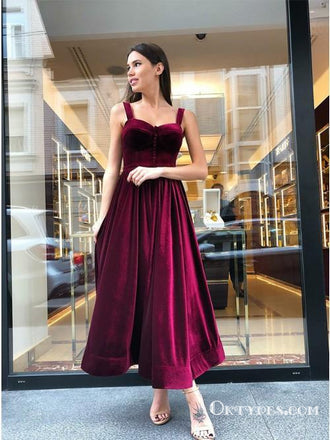 Vintage A-Line Spaghetti Straps Burgundy Velvet Prom Dresses, TYP1683