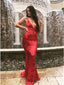 Mermaid Spaghetti Straps Backless Red Sequined Evening Prom Dresses, TYP1688