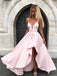 Chic Spaghetti Straps Split V-neck Pink Formal Prom Party Dresses, TYP1494