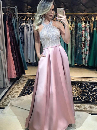 Sparkle Halter Pink Backless Prom Dresses with Pockets, TYP1502