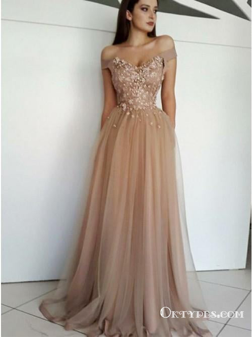 Glamour Off Shoulder Champagne Evening Prom Dresses with Beaded, TYP1667