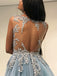 Scoop Sky Blue Open Back Long Formal Prom Dresses with Appliques, TYP1522