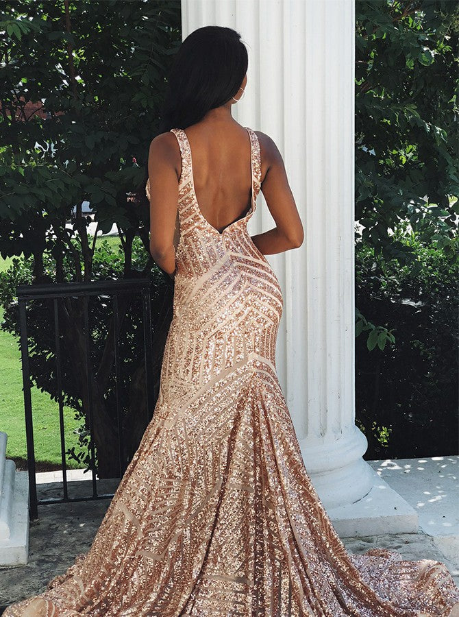 Modest Mermaid V-neck Sleeveless Gold Backless Sequined Prom Dresses, TYP1523