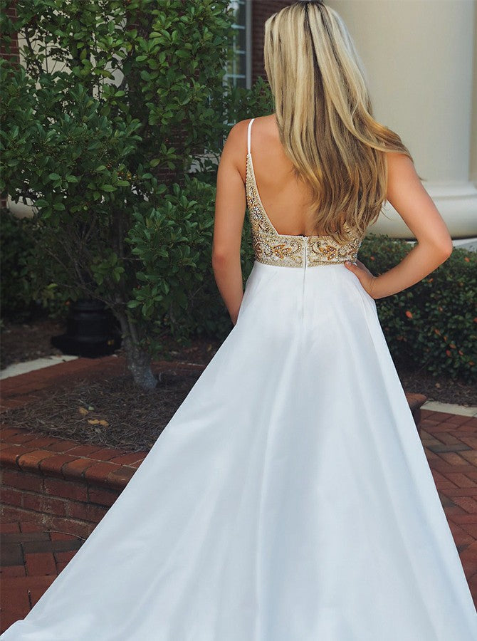 White V-neck Sleeveless Beaded Top Backless Prom Evening Dresses, TYP1524