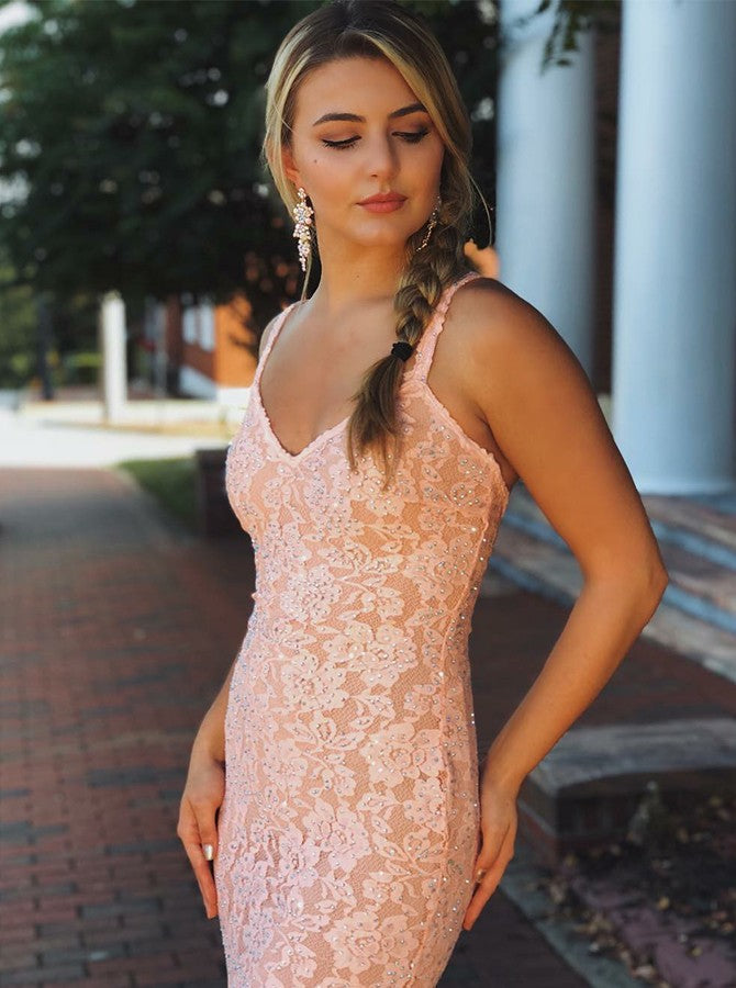 Mermaid V-neck Sleeveless Pink Lace Backless Prom Dresses With Beaded, TYP1526