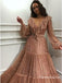 Sparkle V-neck Long Sleeves V-neck Evening Prom Dresses with Ruffles, TYP1670