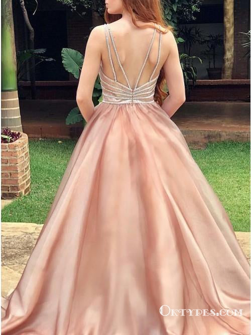 Spaghetti Straps Ball Gown Long Champagne Prom Dresses with Beaded, TYP1721