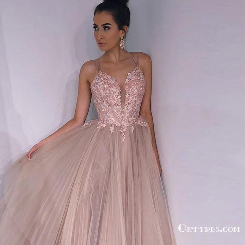 A Line Criss Cross Straps Back Pink Long Prom Dresses With Appliques, TYP1741