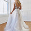 A Line Deep V-Neck Backless White Prom Dresses With Appliques, TYP1825