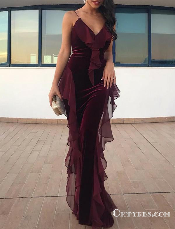Burgundy  Spaghetti Straps Long Velvet Evening Gowns With Ruffles Prom Dresses, TYP1680