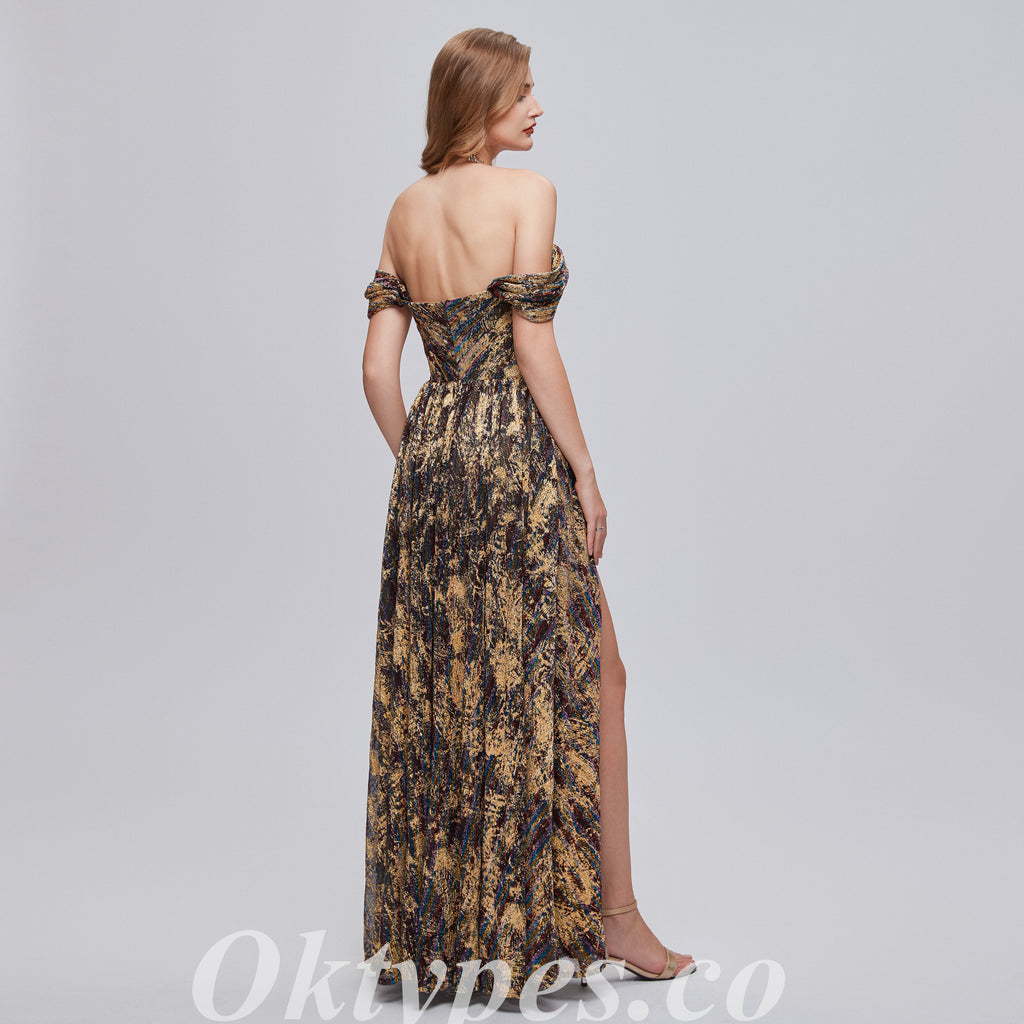 Elegant Special Fabric Off Shoulder V-neck Sheath Side Slit Long Prom Dresses,PDS0468